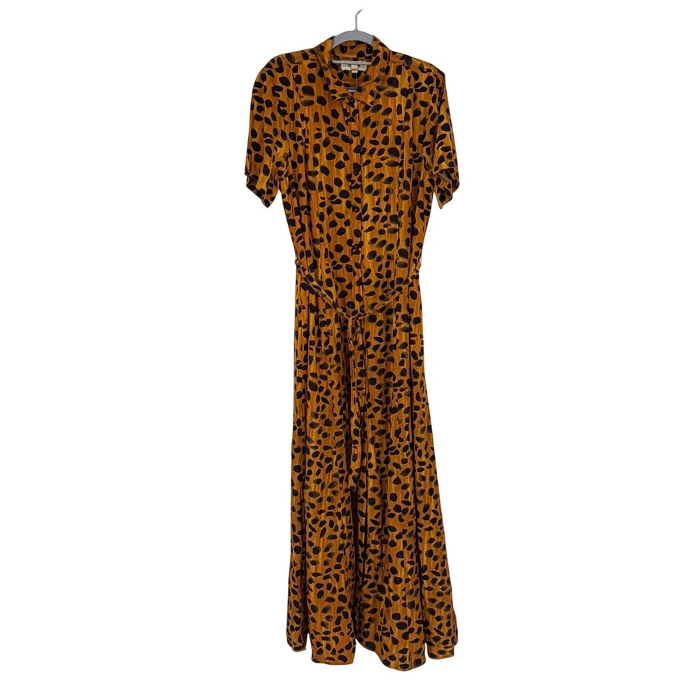 Anthropologie Porridge Leopard Print Maxi Shirt Dress 14 Mustard Tie Waist NWT